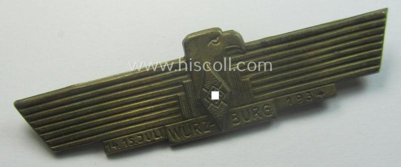 HJ/BDM (ie. 'Hitlerjugend' or: 'Bund Deutscher Mädel') day-badge (ie. 'tinnie' or: 'Veranstaltungsabzeichen') being a non-maker-marked example depicting a stylised eagle and bearing the text: '14. 15.Juli - Würzburg - 1934'