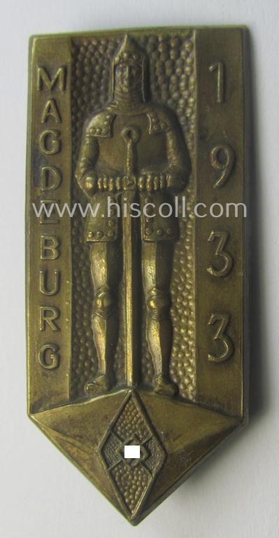 HJ- (ie. 'Hitlerjugend'-) related day-badge (ie. 'tinnie' or: 'Veranstaltungsabzeichen') as was issued to commemorate a HJ-related event and that is simply entitled: 'Magdeburg 1933'