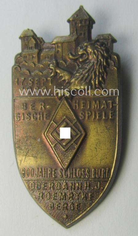 HJ- (ie.'Hitlerjugend') related 'tinnie' showing a castle, lion and 'HJ-Raute' coupled with the text: 'Bergische Heimatspiele - 800 Jahre Schloss Burg - Oberbann H.J. Roemryke Berge - 17. Sept. 1934'