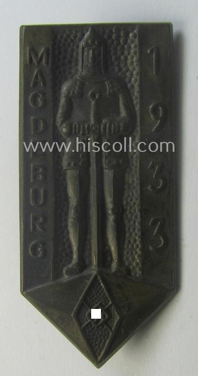 HJ- (ie. 'Hitlerjugend'-) related day-badge (ie. 'tinnie' or: 'Veranstaltungsabzeichen') as was issued to commemorate a HJ-related event and that is simply entitled: 'Magdeburg 1933'