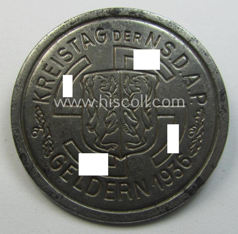 Commemorative - and scarcely found! - so-called: N.S.D.A.P.-related 'tinnie' (ie. 'Tagungs- o. Veranstaltungsabzeichen'-) being a maker- (ie. 'Geffer & Co'-) marked example showing the text: 'Kreistag der N.S.D.A.P. - Geldern - 1936'