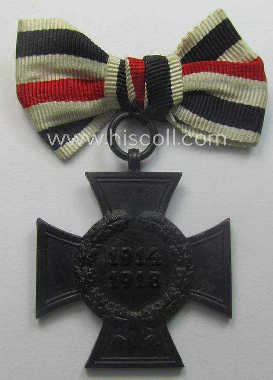 Female-related, WWI-period: 'Ehrenkreuz für Witwen und Waisen 1914-18' being a nicely preserved (albeit non-maker marked)  example that came mounted onto its period (nicely 'bow-shaped'-folded) ribbon (ie. 'Bandabschnitt')