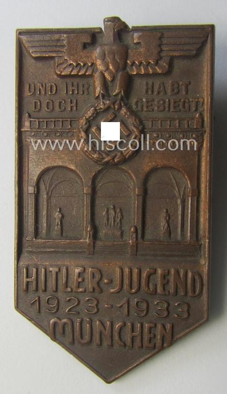 Luxuriously-styled - and actually scarcely encountered! - HJ (ie.'Hitlerjugend') related 'tinnie' (ie. 'Veranstaltungsabzeichen') being a clearly maker- (ie. 'H. Wittmann'-) marked example showing the text: 'Hitler-Jugend 1923-1933 München'