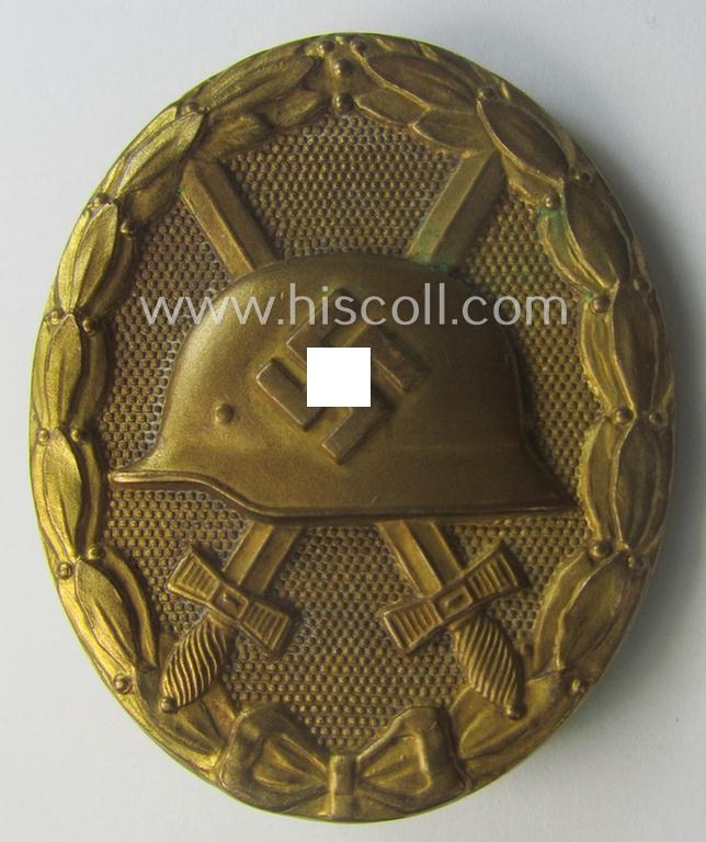 Moderately used- and/or worn - and fairly luxuriously-styled - 'Verwundeten-Abzeichen in Gold' being a typical non-maker-marked- and/or: 'Buntmetall'-based example as was (I deem) produced by the maker: 'Hauptmünzamt Wien'