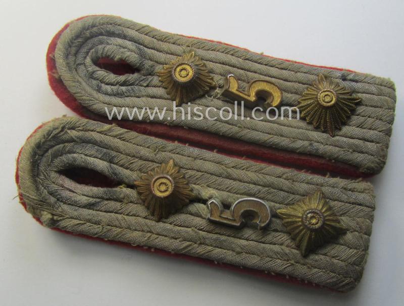 Truly used- and worn pair of WH (Heeres) 'cyphered', officers'-type shoulderboards: 'Hauptmann des Artillerie-Rgts. 5'