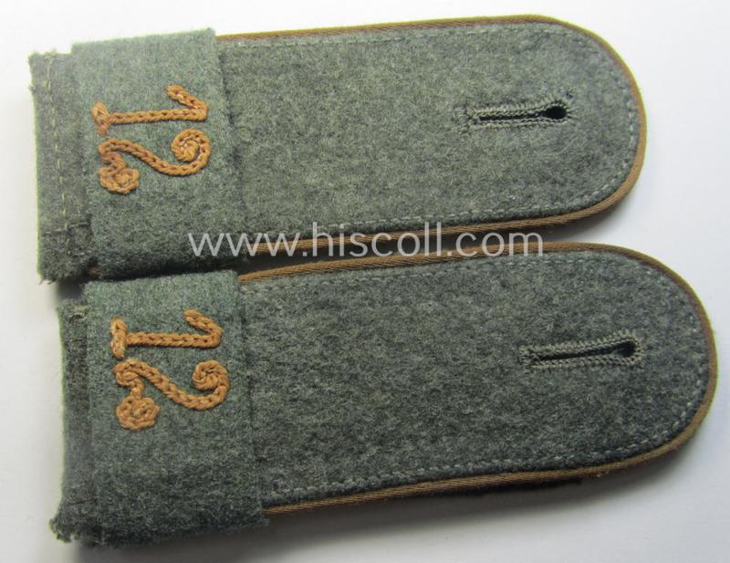 Pair of mid-war-period, so-called: 'M41 o. M43'-pattern, WH (Heeres) EM-type shoulderstraps that comes with its accompanying 'Überschube'-pair as was intended for a: Soldat des Kradschützen-Btls. 12 der Pz.Div. u. Inf.Div. (mot)'