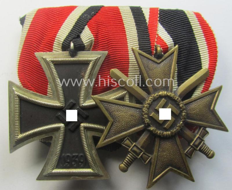 Two-pieced medal-bar (ie. 'Orden- o. Doppelspange') showing resp. an: 'Eisernes Kreuz II. Kl.' and a: 'Kriegsverdienstkreuz II. Klasse mit Schwn.' that both come period-mounted as a: 'Doppelspange'