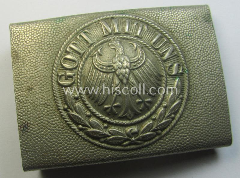 Early period- (ie. 'Deutsche Reichswehr'-related-) silver-coloured- (ie. typical nickle-chrome-based) belt-buckle (ie. 'Koppelschloss') being a non-maker-marked example that comes in a moderately used- ie. worn, condition