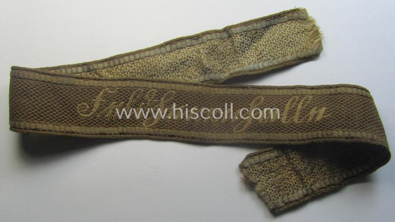 Truly used- and/or tunic-removed - almost full length and scarcely encountered! - WH (Heeres) 'BeVo'-woven: 'FHH-Ärmelstreifen' (ie. cuff-title) as was intended for the soldiers- (ie. NCOs) serving within the: '60. Pz-Gren.-Div. “Feldherrnhalle”