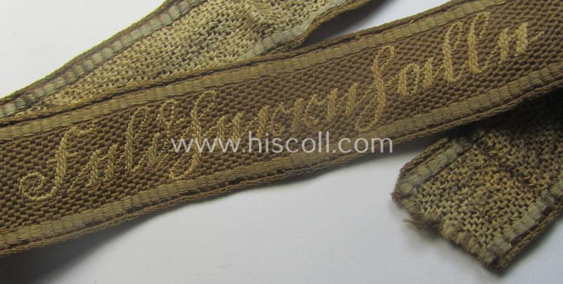 Truly used- and/or tunic-removed - almost full length and scarcely encountered! - WH (Heeres) 'BeVo'-woven: 'FHH-Ärmelstreifen' (ie. cuff-title) as was intended for the soldiers- (ie. NCOs) serving within the: '60. Pz-Gren.-Div. “Feldherrnhalle”