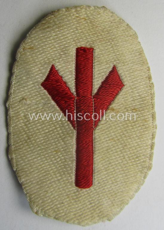 Truly used, HJ/BDM (ie. 'Hitlerjugend'/'Bund Deutscher Mädel') trade- or specialist-armbadge as executed in neat 'BeVo'-weave pattern as was intended for usage by a: 'Feldscher' (or: medical orderly)