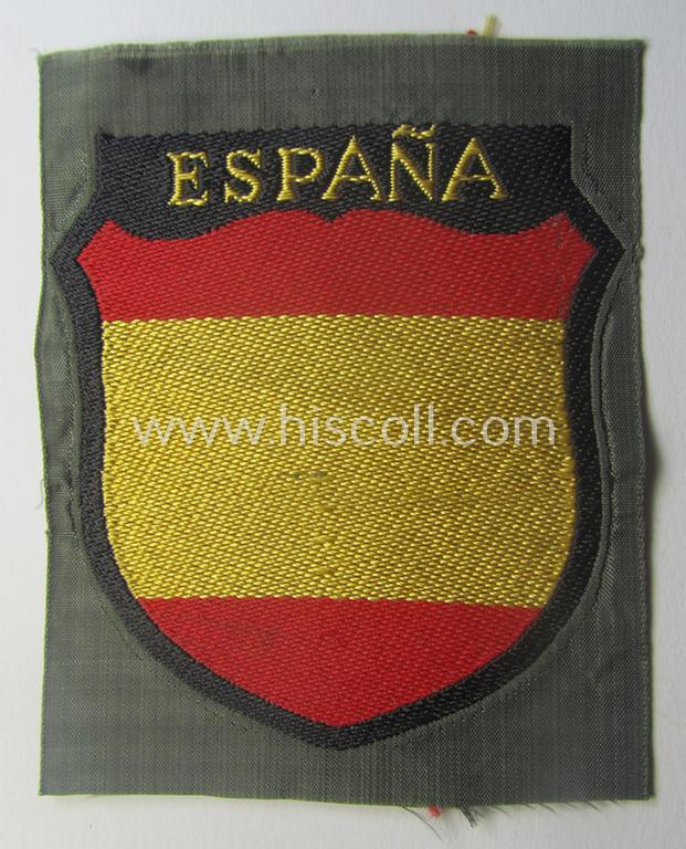 'BeVo'-type armshield entitled: 'España' (being a 'virtually mint- ie. unissued' example as was intended for a volunteer who served within the 'Deutsche Wehrmacht' ie. within the famous 'Blue Division' ie. 'Blauer Division')
