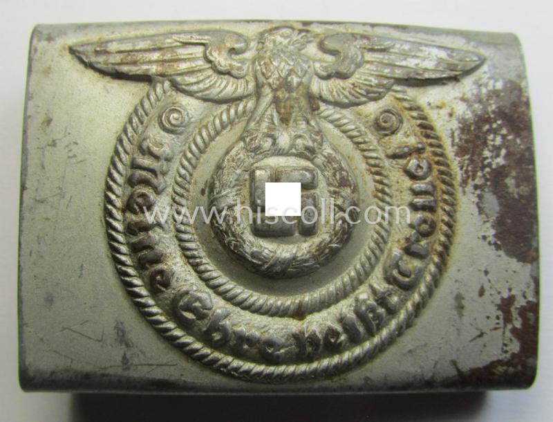 Waffen-SS, EM- (ie. NCO-) type belt-buckle (being a typical, unmarked and typical steel-based: 'Overhoff & Cie'-example) that comes in a surely issued- and/or moderately used- ie. worn, condition