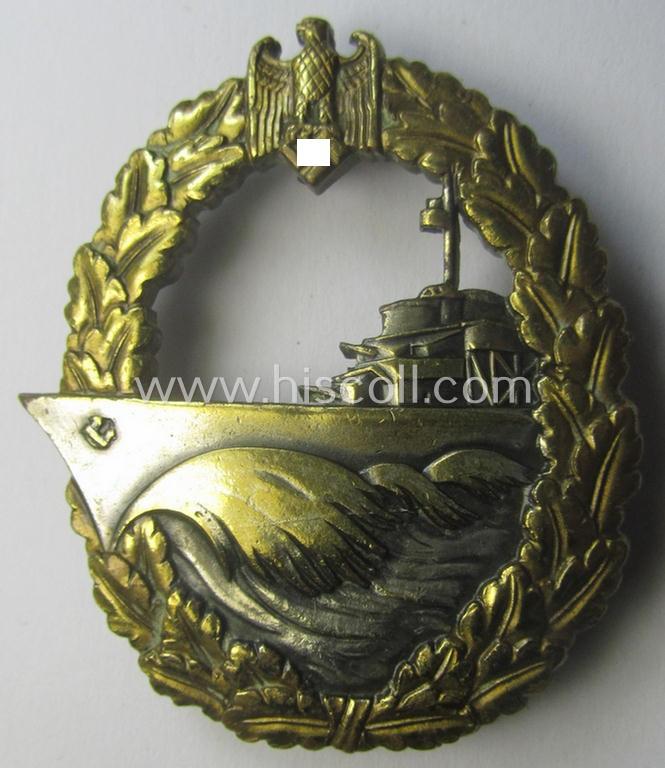 WH (Kriegsmarine) 'Zerstörerkriegsabzeichen' being a non-maker-marked example as executed in 'Buntmetall' (ie. 'Tombak') as was (I deem) produced by the desirable maker (ie. 'Hersteller'): 'GWL' (ie. 'Gebr. Wegerhoff')