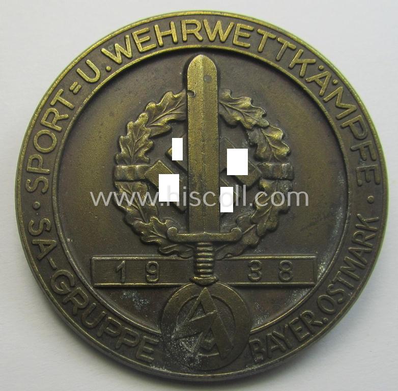 Commemorative - and fairly luxuriously-styled! - golden-bronze-toned SA- (ie. 'Sturmabteilungen'-) related 'tinnie' being a maker-marked example showing an: 'SA-Sportabzeichen' and text: 'Sport- u. Wehrwettkämpfe - SA-Gruppe Bayer. Ostmark - 1938'