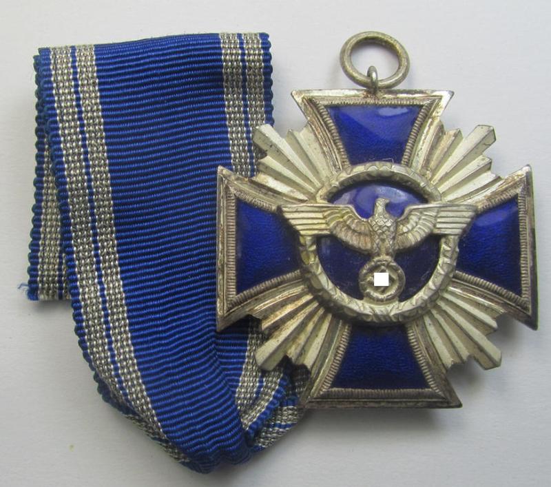 'N.S.D.A.P. Dienstauszeichnung in Silber' (ie. '2. Stufe für 15 Jahre t. D.') being a (typical) non-maker-marked- (and 'regular-weight') example that comes together with its period (fairly long-sized!) ribbon as issued- and/or worn