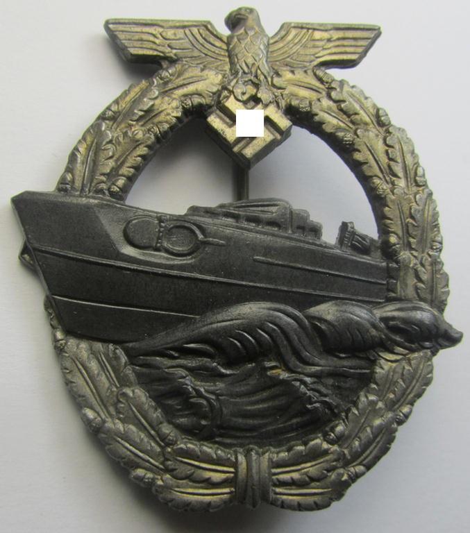 WH (Kriegsmarine) so-called: 'Kriegsabzeichen für Schnellboote - 2. Modell' (or: E-boat-war-badge of the 2nd model) being a maker- (ie. 'RS'-) marked example as was produced by the: 'Rudolf Souval'-company