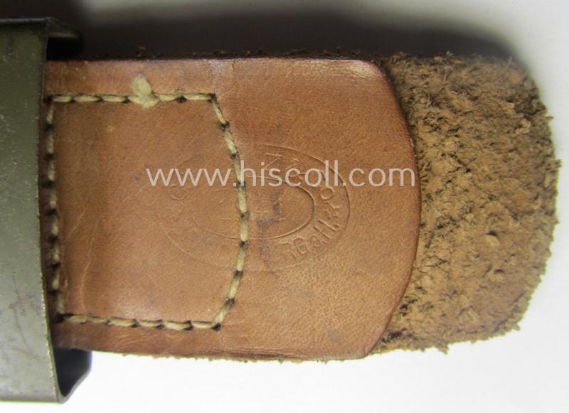Minimally used, WH (Heeres) field-grey-coloured- and/or steel-based belt-buckle being a (typical) non-maker-marked example that comes mounted onto its maker- (ie. 'C.W. Motz'-) marked and/or '1941'-dated leather-based tab