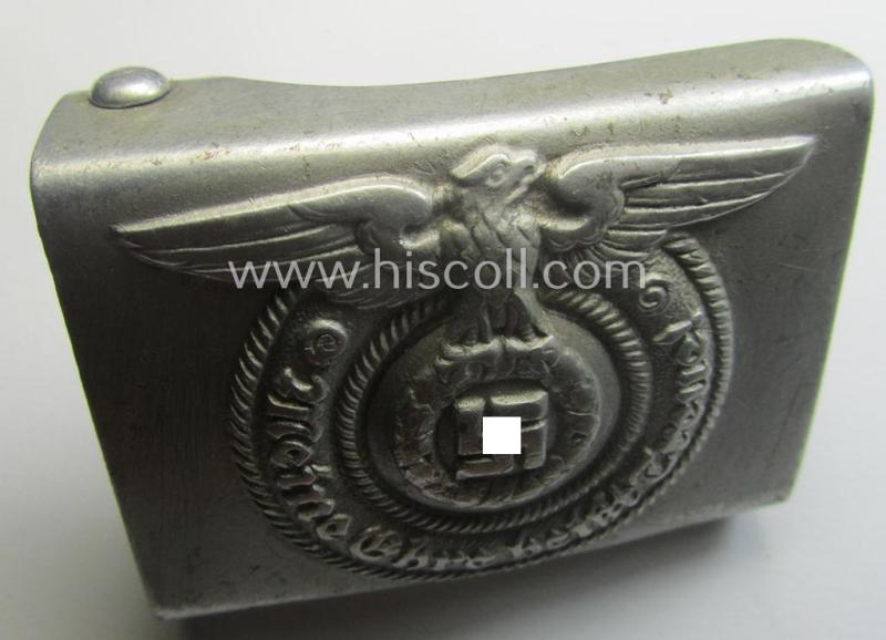 SS- (ie. Waffen-SS), aluminium-based, enlisted-mens'- (ie. NCO-type-) belt-buckle being a neatly maker- (ie. 'RzM - 36/39 - SS'-) marked example that comes in a just moderately used- ie. worn, condition