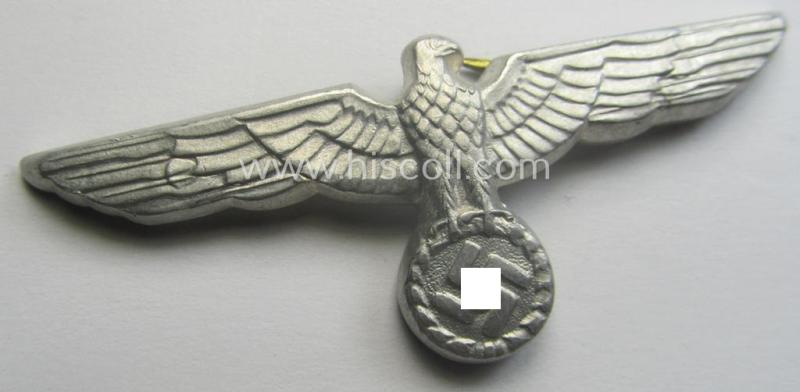 WH (Heeres) bright-silver-toned (ie. aluminium-based), EM- (ie. NCO- or officers') type visor-cap-eagle being a non-maker-marked example that comes in a just minimally used- ie. (I deem) once cap-attached, condition