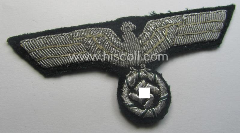 WH (Heeres) officers'-type, hand-embroidered breast-eagle (ie. 'Brustadler für Offiziere') as was executed in bright-silverish-coloured braid as was intended for usage on the various officers'-pattern tunics