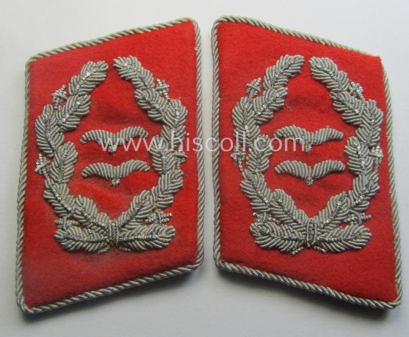 Pair of neatly hand-embroidered, WH (Luftwaffe) officers'-type collar-patches as executed in bright-red-coloured wool as was intended for usage by an: 'Oberstleutnant der Flak-Artillerie-Trpn.'