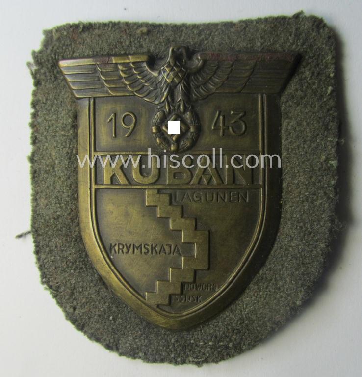 WH (Heeres ie. Waffen-SS) 'Kuban'-campaign-shield that comes mounted onto its original field-grey-coloured- and/or woolen-based 'backing' as issued and/or used