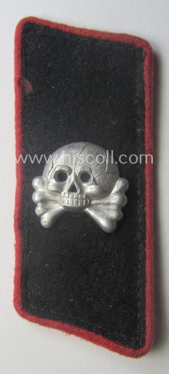 Early- (ie. mid-) war-period - albeit regrettably single! - WH (Heeres) black-coloured, woolen-based- and/or bright-pink-piped: 'Panzer'-collar-tab having an aluminium based 'Totenkopf' (ie. skull) attached