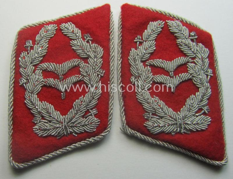 Pair of neatly hand-embroidered, WH (Luftwaffe) officers'-type collar-patches as executed in bright-red-coloured wool as was intended for usage by an: 'Oberstleutnant der Flak-Artillerie-Trpn.'