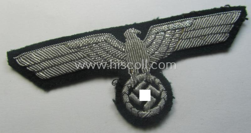 WH (Heeres) officers'-type, hand-embroidered breast-eagle (ie. 'Brustadler für Offiziere') as was executed in bright-silverish-coloured braid as was intended for usage on the various officers'-pattern tunics
