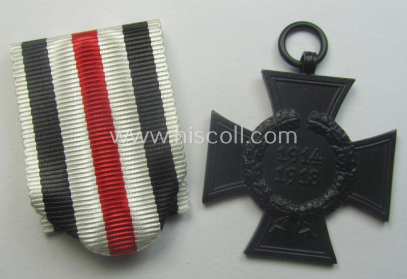 WWI-period: 'Ehrenkreuz für Witwen und Waisen 1914-18' being a nicely preserved and maker- (ie. 'D.&.Co.'-) marked example that came together with  its period (nicely folded) ribbon (ie. 'Bandabschnitt')