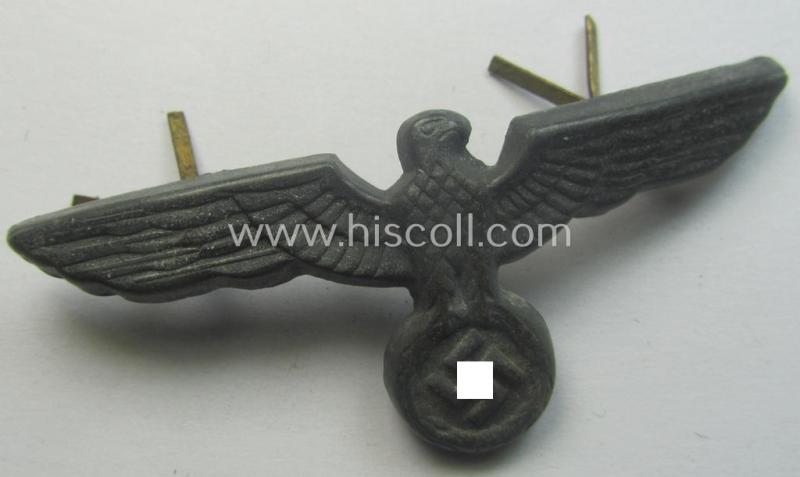 WH (Heeres) tarnished silver-toned (ie. 'Feinzink'-based), EM- (ie. NCO- or officers') type visor-cap-eagle being a non-maker-marked example that comes in a just minimally used- ie. once cap-attached, condition