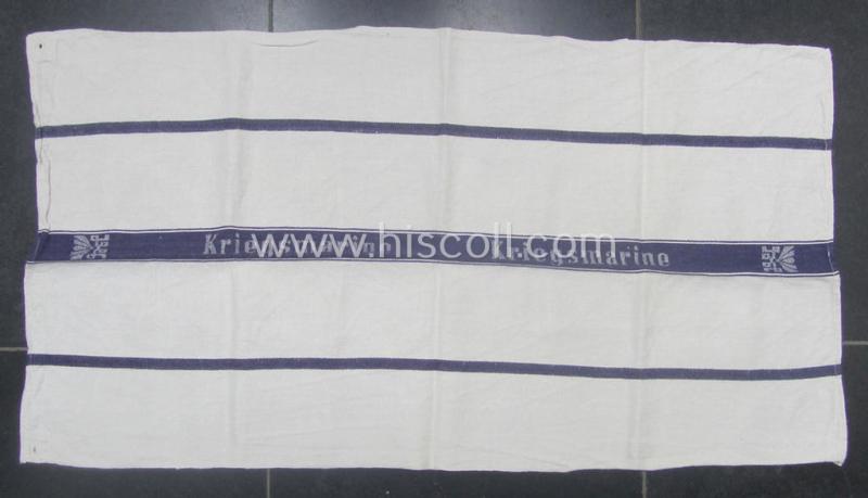WH (Kriegsmarine) 'standard-type'- (ie. 'standard-issued'-) towel (ie. 'Handtuch') as was executed in 'roughly-styled' linnen-based cloth and bearing the interwoven text: 'Kriegsmarine'