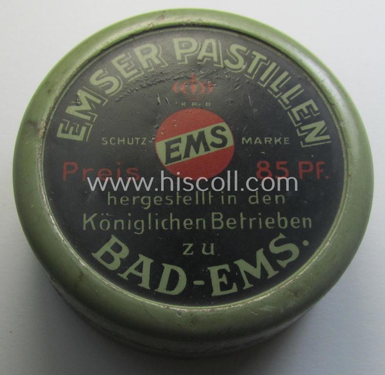 'Standard-issue'-type, (I deem) medical-related and/or colourful (albeit empty!) box 'Buchse' (ie. container) being an undamaged example that shows the text: 'Emser Pastillen - Kriegspackung'
