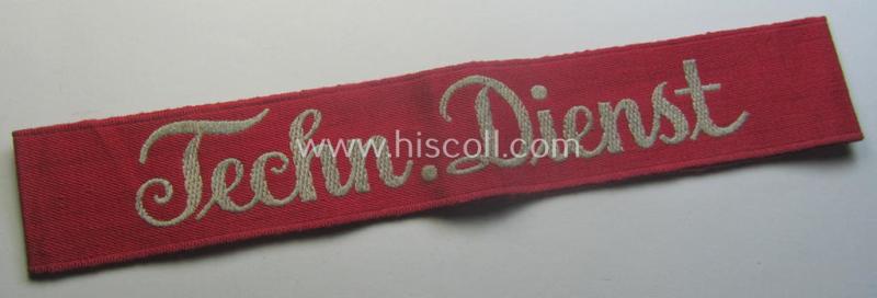 Never before seen - and unidentified! - bright-pink-toned and neatly 'BeVo'-woven, TR-period cuff-title (ie. 'Ärmelstreifen') depicting the greyish-silver-toned text: 'Techn. Dienst'