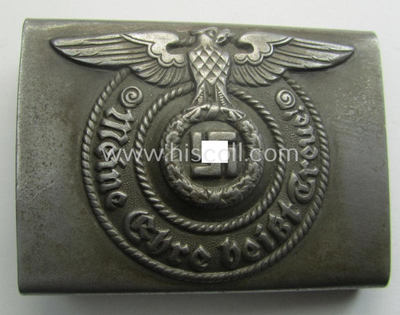 Waffen-SS, enlisted-mens'- (ie. NCO-type-) belt-buckle (being a typical 'RzM - 155/43 - SS'-marked and thus by: 'Assmann'-produced example) that comes in a clearly used- ie. worn, condition
