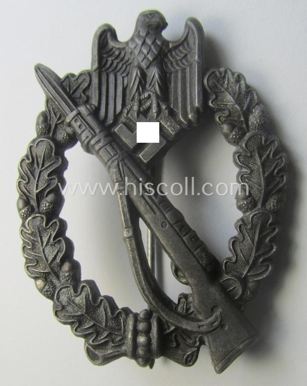 'Variant'-pattern, zinc- (ie. 'Feinzink'-) based example of an: 'Infanterie-Sturmabzeichen in Silber' being a maker- (ie. 'R.S.'-) marked example as produced by the Austrian maker (ie. 'Hersteller') 'Rudolf Souval' based in Wien (Vienna)