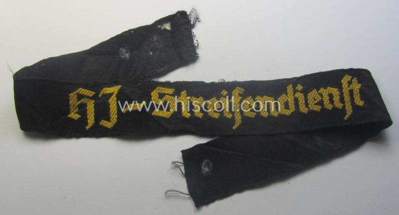 Superb example of the - actually quite scarcely encountered! - HJ ('Hitlerjugend') armband ie. cuff-title, entitled: 'HJ-Streifendienst' (being a full-length example that was carefully tunic- and/or shirt-removed)