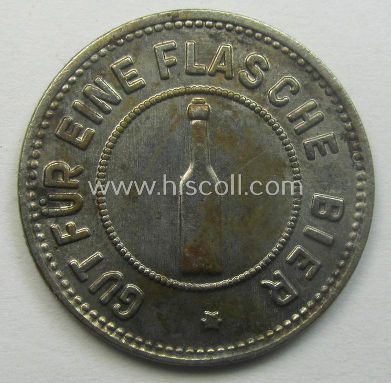 Unusual, TR-period commemorative-token (ie. 'Erinnerungs- o. tragbare Medaille') showing a detailed swastika-device and bearing the text: 'Gut für eine Flasche Bier - Gauführerschule I der N.S.D.A.P.'