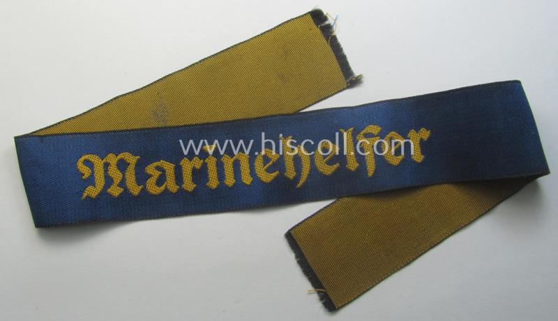 Truly worn- and/or tunic-removed, EM-pattern WH (Kriegsmarine) cuff-title (ie. 'Ärmelstreifen') entitled: 'Marinehelfer'