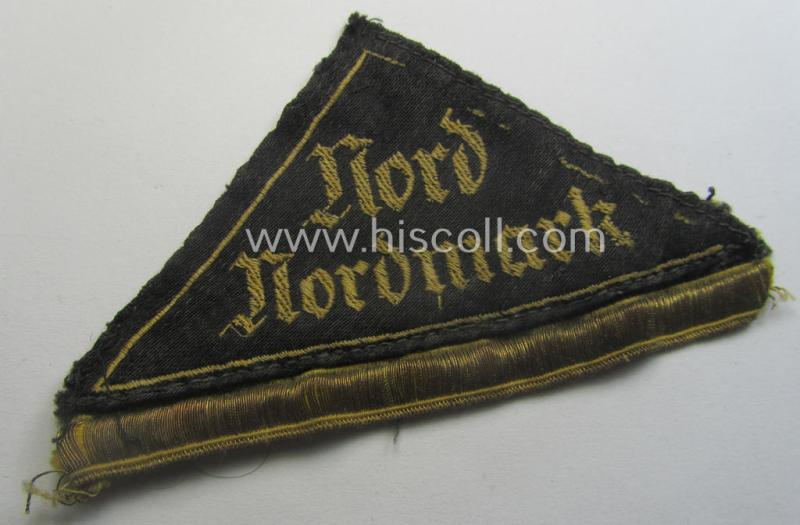Early-pattern, 'HJ' ('Hitlerjugend') 'honorary'-district-triangle (ie. 'Gebietsdreieck') entitled: 'Nord Nordmark' (having a bright-golden-toned 'honorary rank-stripe' attached, signifying HJ-membership before 1933)