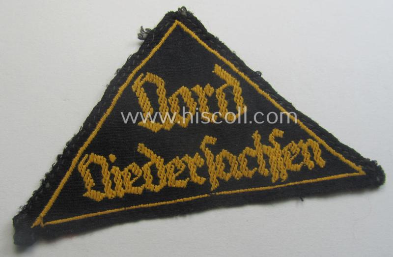 'HJ' ('Hitlerjugend') district-triangle (ie. 'Gebietsdreieck') entitled: 'Nord Niedersachsen' being a moderately used- ie. worn example that misses its 'RzM'-etiket