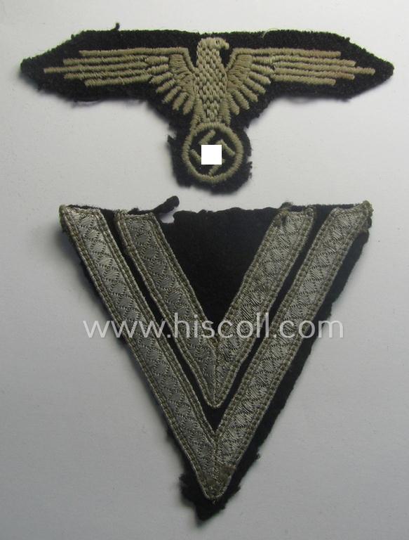 Clearly used- and/or tunic-removed, 2-pieced 'SS'- (ie. 'Waffen-SS'-) insignia-set comprising of a so-called: 'RzM'-type EM- (ie. NCO-) pattern arm-eagle and/or rank-chevron as was intended for usage by an: 'SS-Rottenführer'