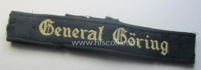 Relic - but nevertheless scarcely found! - example of a WH (LW) cuff-title ie. armband (ie. 'Ärmelstreifen') entitled: 'General Göring' (being an EM- (ie. NCO-) pattern example that comes in a truly worn and/or clearly tunic-removed, condition
