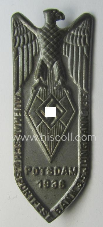 HJ u. DJ-related 'tinnie' ie. 'Veranstaltungsabzeichen' being a non-maker-marked example showing a: 'Reichsadler u. HJ-Raute' and text: 'Aufmarsch u. Sportfest - Bann 35 - Jungbann 1/35 - Potsdam - 1936'