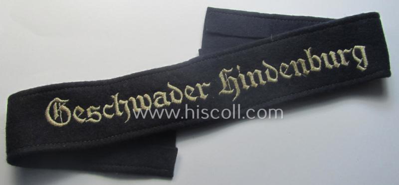 WH (Luftwaffe) cuff-title ie. armband (ie. 'Ärmelstreifen') entitled: 'Geschwader Hindenburg' (being a typical EM- ie. NCO-pattern example that comes in a probably issued albeit still  'virtually mint'- and/or non-shortened, condition)
