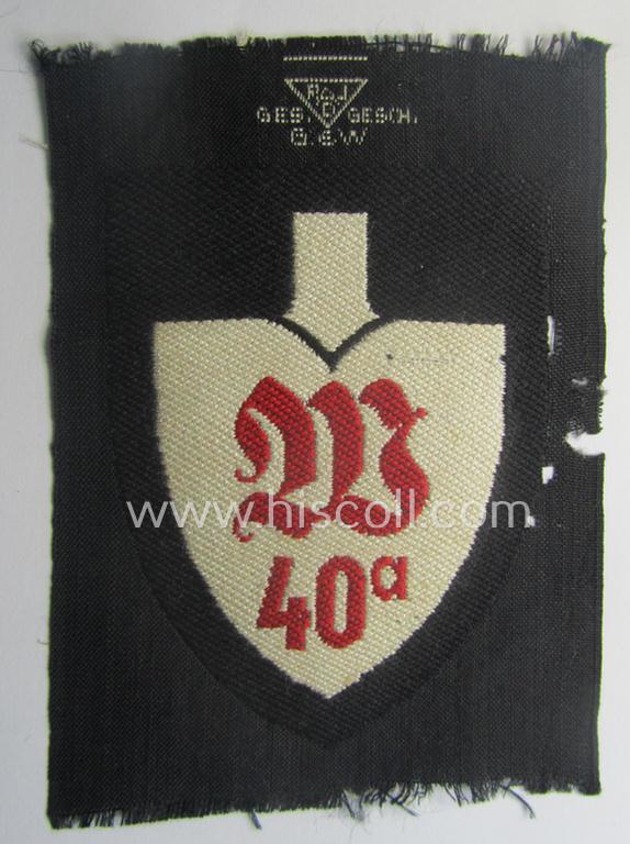 Attractive - never before seen and rarely encountered! - EM- (ie. NCO-) pattern, so-called: RAD (ie. 'Reichsarbeitsdienst') sleeve-badge (or: 'Dienststellenabzeichen') bearing the (to date unidentified!) specialist-designation: 'W 40a'