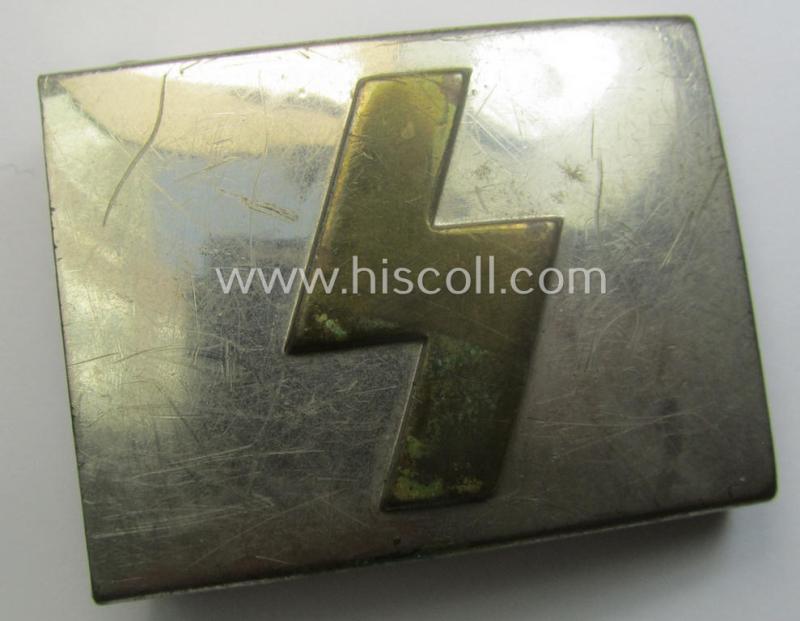 DJ (ie. 'Deutsches Jungvolk') silver-coloured- (ie. typical nickle-chromed) belt-buckle (ie. 'Koppelschloss') being a non-maker-marked example that comes in a just moderately used- ie. truly worn, condition