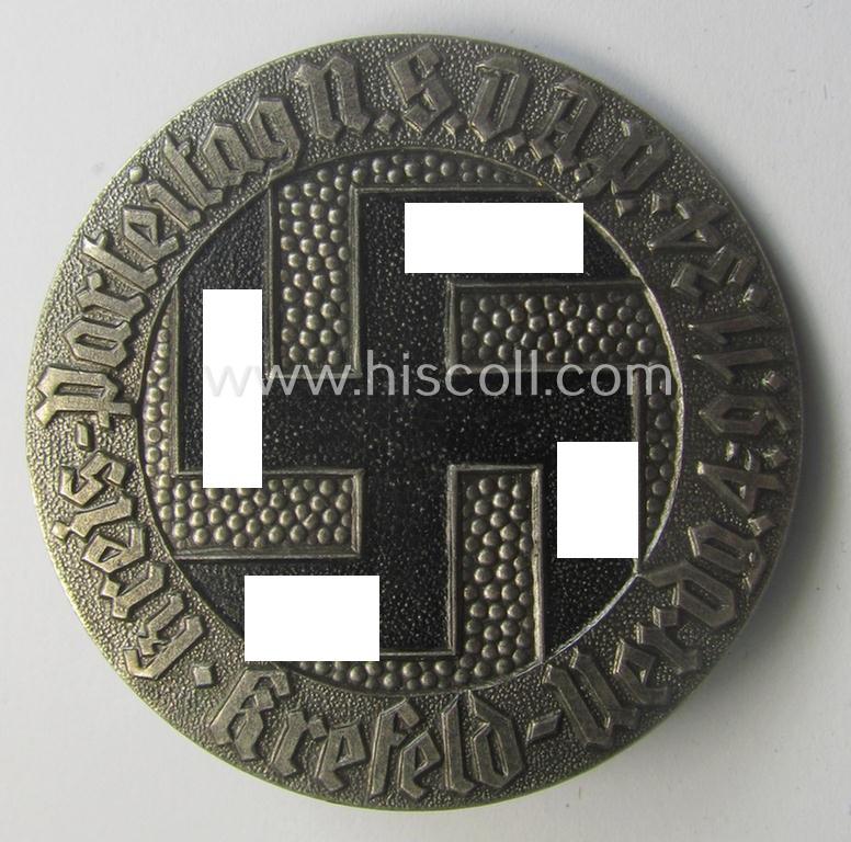 Luxuriously-styled (and 'Buntmetall'-based!) N.S.D.A.P.-related 'tinnie' (ie. 'Tagungs- o. Veranstaltungsabzeichen') being a non-maker-marked example showing the text: 'Kreis-Parteitag N.S.D.A.P. - Krefeld-Uerdg. - 4.-9.-11-34'