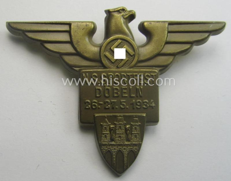 N.S.D.A.P.- (ie. sports-) related day-badge (ie. 'tinnie' or: 'Veranstaltungsabzeichen'): 'NS-Sportfest - Döbeln - 26.-27.5.1934'